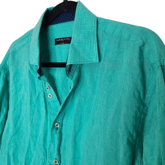 Masutto Mens L Green Long Sleeves Contrast Cuffs Linen Button Up Shirt Collared - Picture 5 of 8
